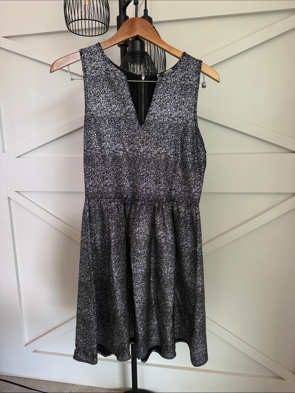 Gianni Bini Black and Silver Glitter V-Neck Skater Dress